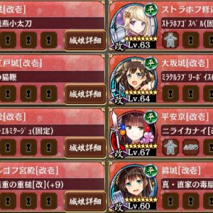 ３戦功クリア。あんまりレベルを上げたくない勢なのでめっちゃ頑張った。全員最高レアだけど。援護しまくればこのレベルのペテ子でも光秀を倒せる。