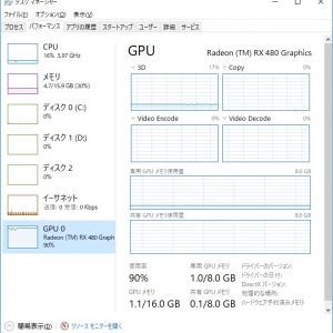 ドライバの更新をしたら「Encode」の使用率が０％になったけれども、GPU使用率は変わらず高い・・・３Ｄの使用率が２割で他のは０％。何がＧＰＵ使ってるんだろう？