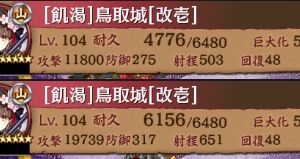 武器は金翼装備。施設は射程+10。画像は武神前田利家マップ。画像上が鳥取1人配置の時のステ値。下は夏ポエと絢爛たっち―配置状態（共に最大化。夏ポエは計略中）でのステ値。650あれば許容範囲かなと俺は思ってる。