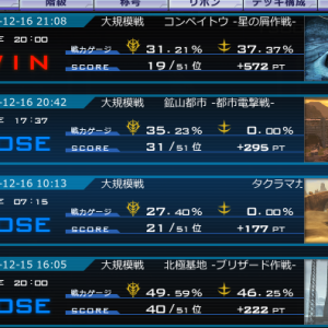 さっき書いたものです。ジオンもそれなりに勝ってます。負けても割と僅差です。僕の順位とPTは階級見て許してください。