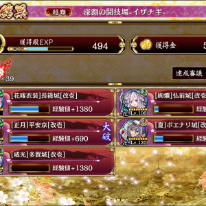 兜強化チャート5人攻略。弘前トークンで計略短縮担うと、ほぼ切れ目がなくなって楽だったわ