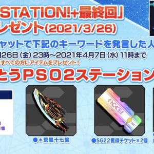 ｢ありがとうPSO2ステーション＋｣
ゴキの持ってる剣に似た迷彩の他に22SGチケット2個と東京虹1つ