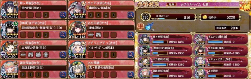 [[立ち上がり>https://uploader.swiki.jp/attachment/full/attachment_hash/694c09653ac1f45ece668054f26684a070700e4f]]、[[ボス>https://uploader.swiki.jp/attachment/full/attachment_hash/4549edbe1fd43091b05dcbf652b4b79f0f0107df]]。マス移動は回復を何体か最大化させた頃に。今だと絢爛立花山より立花山改二の方が回復高いので、大破するようなら入れ替え候補(回復役は回復力あるなら誰でも)。さらに念のためポエナリ武器も吸血陣貝に。GIFではボス出現させるタイミングがいまいちだけど問題はなかった