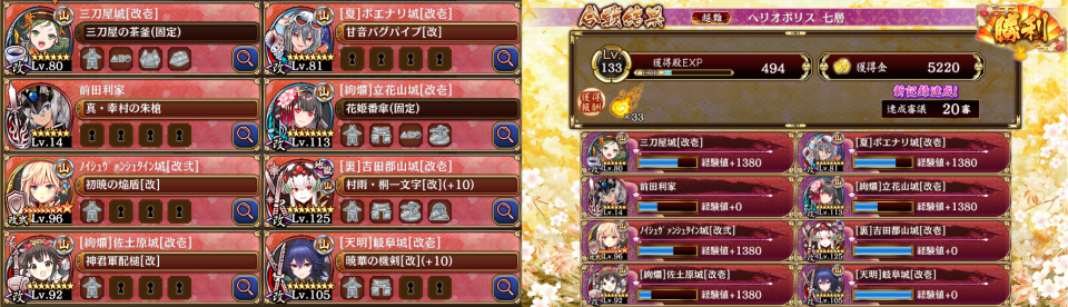 ２０審クリアです。今回は『ラーのマルチ攻撃で崩壊するならワープするまでに倒せばいいじゃない』のスーパー脳筋戦法を取りました。新しい武器種の三刀屋城とこの編成が見事この条件を整えてくれます。シュテファンは絢爛佐土原城の計略ループで耐えぬきました。９発被弾の瞬間に計略カットすれば自動計略で合わせてくれます