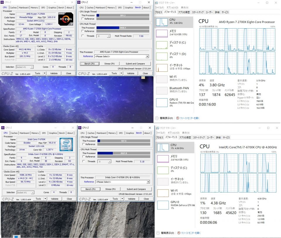 4.4GHzにクロックを合わせたRyzen7 2700 と i7 6700kのCPU-Zベンチマーク結果