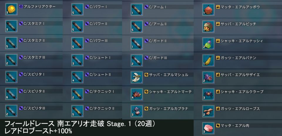 南エアリオ走破Stage1（20週）をレアドロ+100%でやってみた結果です。カプセルドロップが1、2個になることがあったのでクリア時間なのか、夜は出にくいとか思ってみたりして、その後も周回しましたがわかりませんでした。ランダムなのかなぁ。