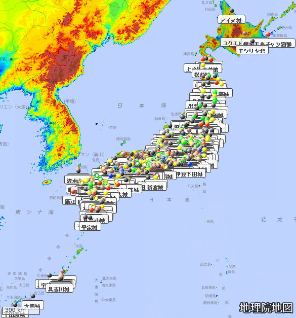 勢いのまま国土地理院地図に５００城プロットした。何かWikiに役立つかたちで使いたい。