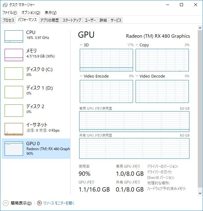 ドライバの更新をしたら「Encode」の使用率が０％になったけれども、GPU使用率は変わらず高い・・・３Ｄの使用率が２割で他のは０％。何がＧＰＵ使ってるんだろう？