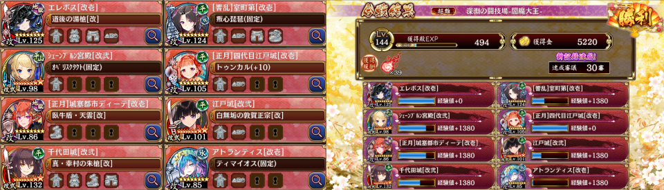 ３０審突破しました。戦鳥どころか裏大宰府まで後退が効くのに気が付いてアトランティスを起用したのが大きかったです。最初の獄卒鬼に鈍足が効けばディーテの計略が間に合うのでインフラに裏坂本を使っていたのが千代田に変更でき、終盤の戦鳥ラッシュで鷹の特効が乗る上にバフも手厚いと至れり尽くせり