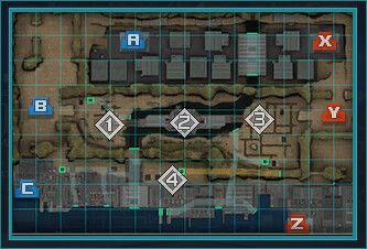 基本中央は雪合戦としてｘ－a間は北側の崖上から核南側からねずみ。ｚーｃ間は４とｚの間の建物の屋上にビコ置くか置かれるかで決まる。あとは４からz手前まで伸びてる地下通路がネズルート。南側は右が圧倒的にふりだね