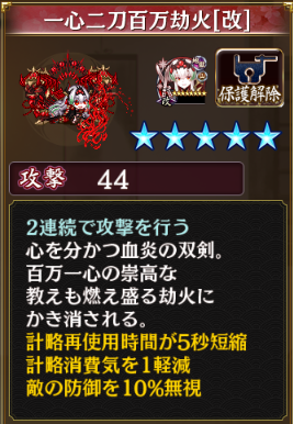 一心二刀百万劫火の改。計略再使用時間が短縮が3秒から5秒に、追加は敵の防御を10%無視。裏吉田郡山上で使うと計略が改壱で30秒に