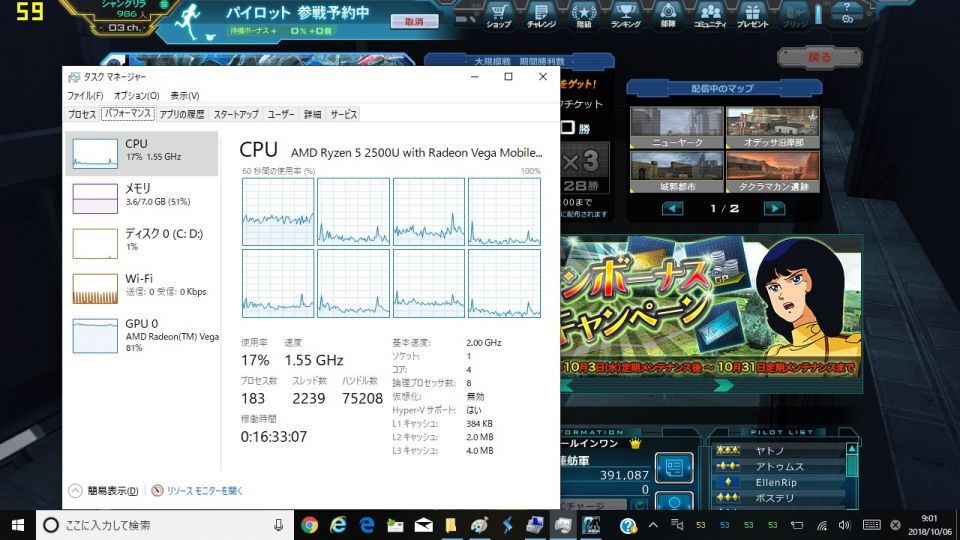 HP ENVY 13(Ryzen5 2500U) ロビー待機中のCPU使用率