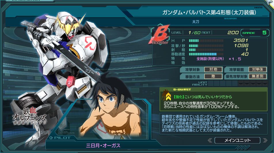 ガンダム・バルバトス第4形態（太刀装備） G5Lv1ステータス