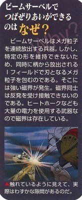 iフィールド自体がミノフスキー粒子を流用した技術だから、実際にはビーム同士をぶつけても突き抜けるよ。