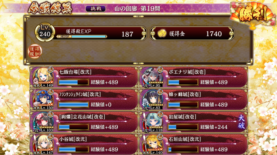 限定が絢爛立花だけでクリア。油断して岩屋が大破したのと蜂ヶ峰が無凸なのできつかった。絢爛立花もなしで行きたかったが蜂ヶ峰がある程度凸してないと気が足りない