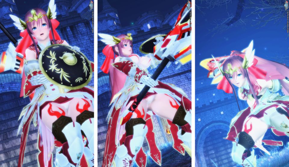 今週で森も終わりってことで。お気に入りくっころコーデで、怯える→ヒーローポーズ→ヒーローPAの３コマ。俺…アルミュールヘアーが手に入ったら、これでフィギュア応募するんだ…（フラグ）