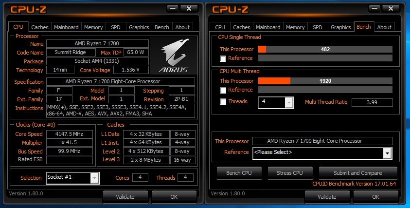 Ryzen3@4.15GHz 4C4T（Ryzen7でコア制限を掛けました）