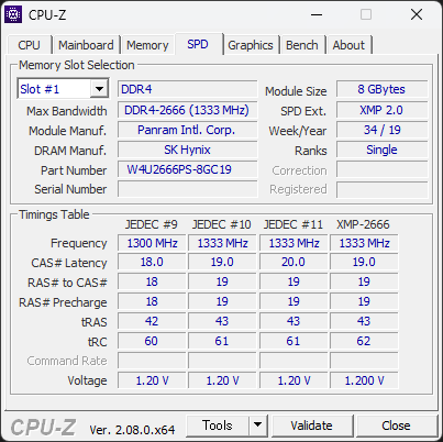 CPU-Zのメモリ情報（W4U2666PS-8GC19）