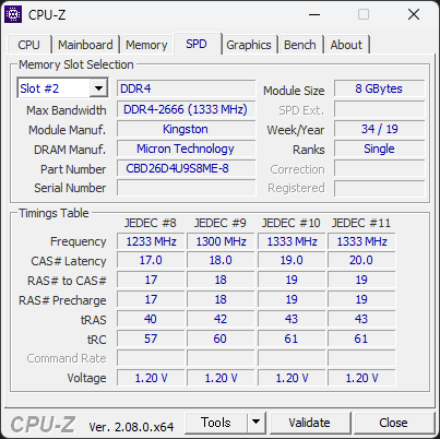 CPU-Zのメモリ情報（CBD26D4U9S8ME-8）