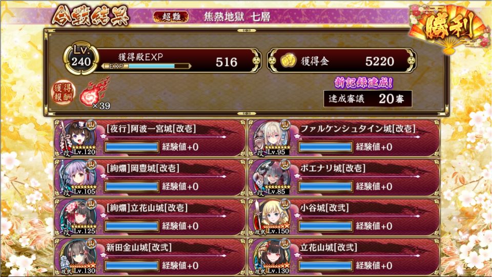 20審議　夏ポエ無し　改弐や異伝だけど☆6以下が４体　小谷城と阿波一宮城がMVP、トッシー処理は10ファルケン、小谷改弐が性能も撃破気も優秀、妖怪処理は17阿波一宮でサクサク処理してくれる。