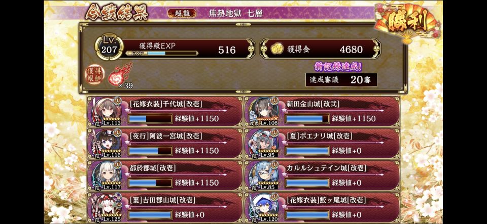 すんごく頑張ったので褒めてクレメンス。MVPは皆やけど、個人的ポイントは鮫ちゃんだった。パッと見いらんかもだけど、ウチの所領のメンツ的に彼女がおらんかったら立ち上がり不能…。あとはレベルと特殊攻撃のゴリ押し。異伝☆7山も絢爛立花もいないけどマジ頑張った…